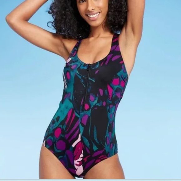 All in Motion Front-Zip Racerback One Piece Swimsuit - Picture 2 of 8